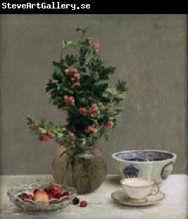Henri Fantin-Latour Still Life with Vase of Hawthorn, Bowl of Cherries, Japanese Bowl, and Cup and Saucer